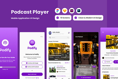 Podify - Podcast Player Mobile App application apps broadcasting content design layout podcast ui ux