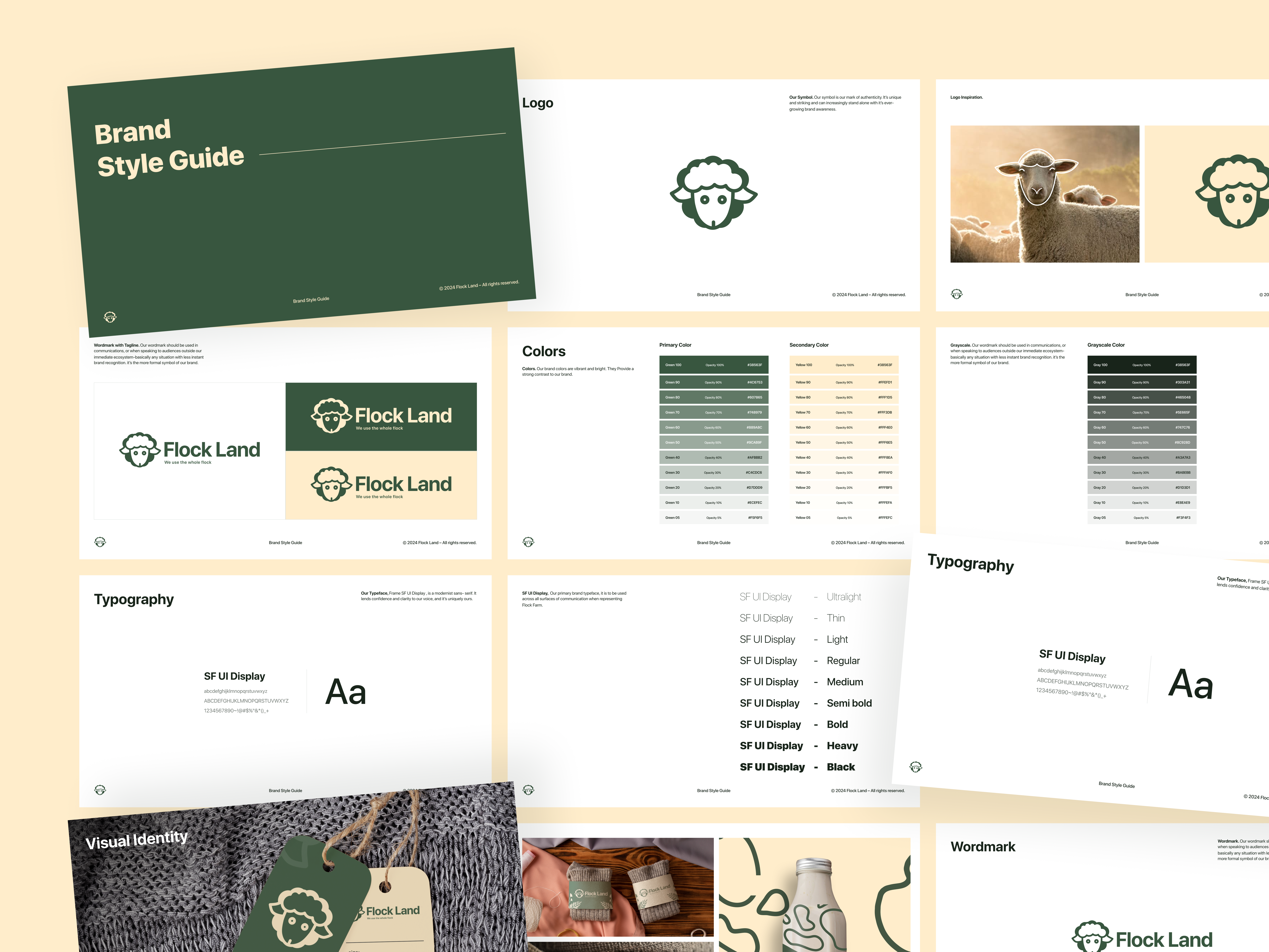 Flock Land - Visual Identity Guidelines brand brand book brand guidelines brand identity brand manual branding clean color flok farm green logo minimal style guide typography visual visual identity wool wool product yellow