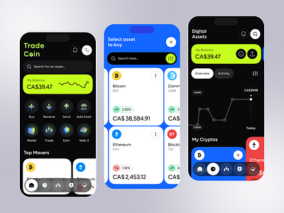 Trade Coin - Finance Management & Crypto Investment animation app blockchain branding brutalism buy crypto cryptocurrency design finance finances fintech investing management money send stock trading ui ux