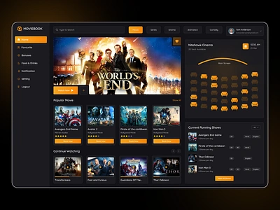 Movie Ticket Booking POS System cinema collection creative dashboard design figma ipad mockup movie booking movie booking app design movie booking pos system movie dark mode pos system product design theater typography uiux design user experience strategy user interface user research