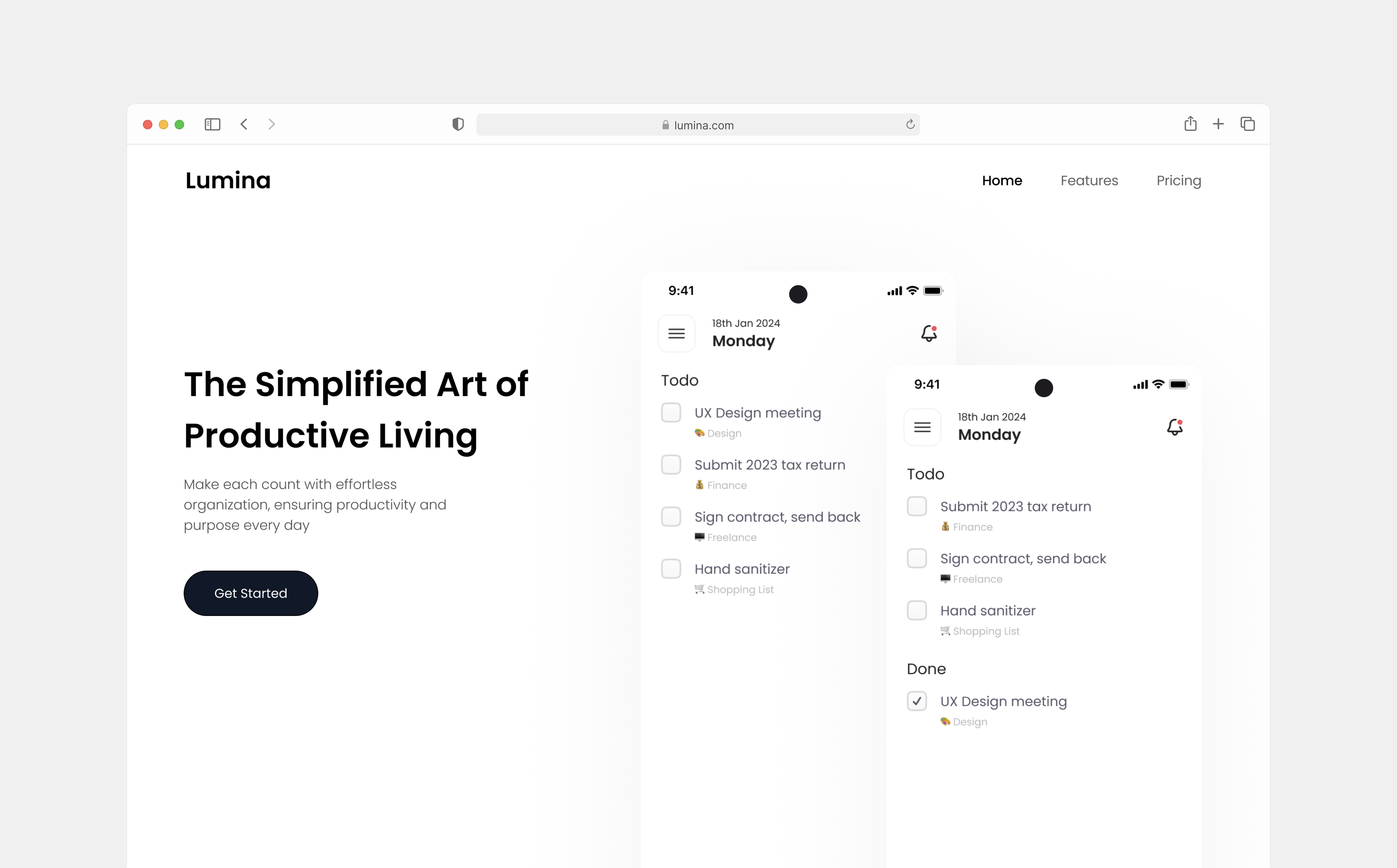 Lumina - Landing page UI clean design daily ui graphic design ios iosdesign landing page minimal minimalistic notes productivity simple design todo todoapp trending ui ui ux design visual design web design