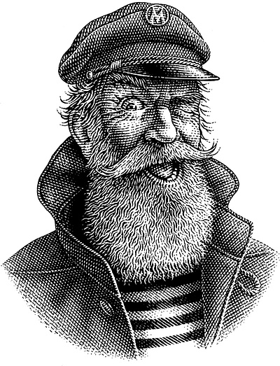 Captain Mint black and white engraving illustration portrait sailor scratchboard woodcut