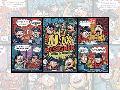 Snippets from a UI/UX Designer's Life branding comic dailyui designhumor developersvsdesigners gen ai graphic design uiuxcomics uxdesign uxjokes uxpin vibrant