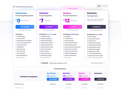 ClickUp pricing plans fetures figma landing page mobile pricing packages pricing plan responsive ui web page wireframing