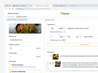 🧑🏻‍🍳 Foodiefare • Create New Recipe add app breadcrumbs dashboard default state design drag dropdown edit filled state food food recipe new recipe re order recipe text field toggle switch ui ux web app