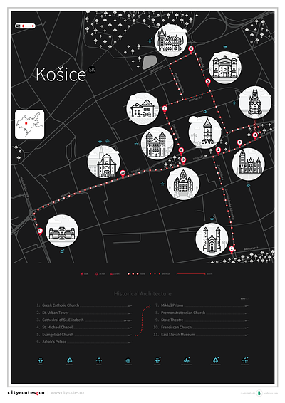Košice - Historical Architecture Route Map architecture historical kosice landmarks map monuments slovakia tourism
