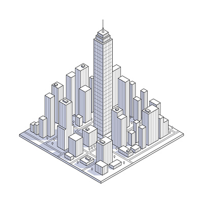 Isometric minimalist urban line art with towering skyscrapers an isometric illustration map smart city