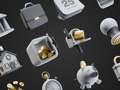 Fintech Animated 3D Icons 3d design animation assets blender business c4d coins financial gold icon pack iconset money monochrome mortgage motion design motion graphics ux whitelabel