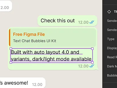 FREE Text Chat Bubbles UI Kit for Figma auto layout bubble chat dark mode download figma freebies generator light mode messaging mobile app mockup telegram ui kit variants whatsapp