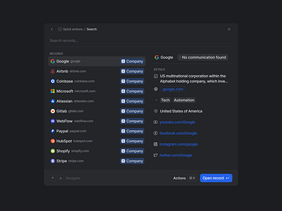 Record Details view companies company crm dark mode dark ui google list menu navigate navigations quick actions record record details record details view records records list search search records sergushkin smart search