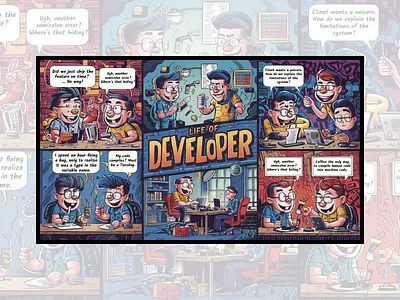 Snippets from a Developer's Life. branding comic dailyui design designhumor developer developersvsdesigners gen ai graphic design illustration ui