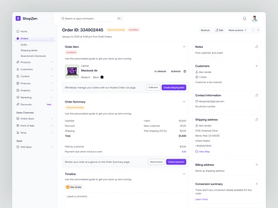 ShopZen - Order Detail analysis cart create order customer details dashboard details ecommerce marketing dashboard order details order info order page order summary ordering payment product saas shipping track order tracking ux