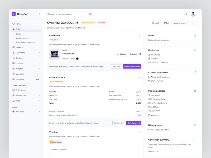 ShopZen - Order Detail analysis cart create order customer details dashboard details ecommerce marketing dashboard order details order info order page order summary ordering payment product saas shipping track order tracking ux