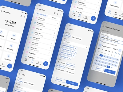 SheepDog | App for sheep farmers app app design calendar dashboard date range datepicker design design system farmer figma filter healthcare list mobile app modal sheep simple ui ui ui kit ux