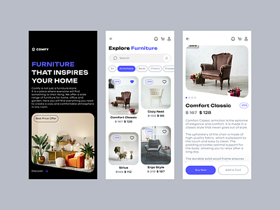 COMFY • FURNITURE STORE CONCEPT app app design app interface armchairs design e commerce furniture furniture store mobile mobile app ui ux