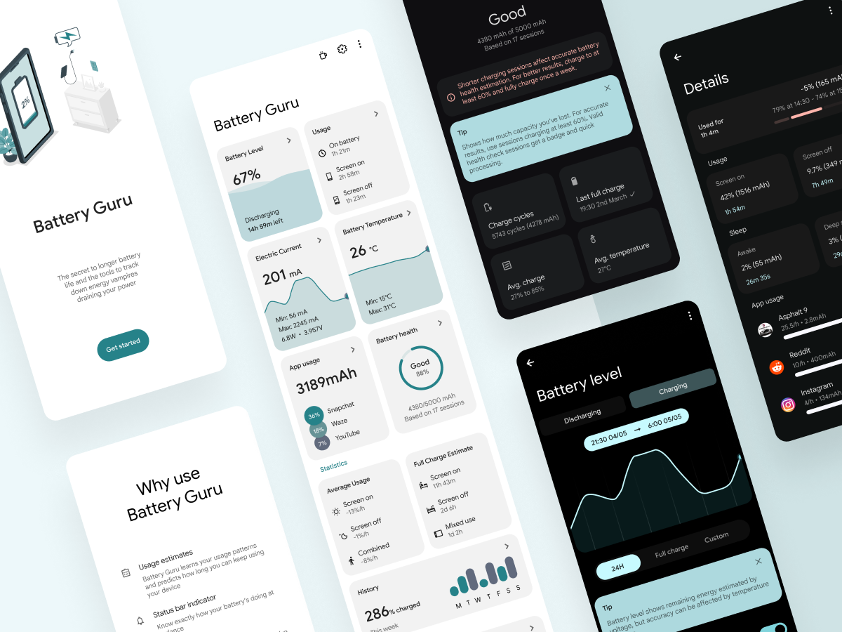 Battery Guru - Advanced Battery Monitoring android app battery battery guru batteryguru clean design material design material you mobile monitor simple ui uiux