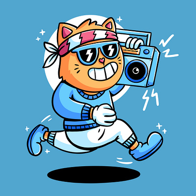 Cartoon running cat with radio animal cartoon cat character colorful cute design graphic design illustration radio running