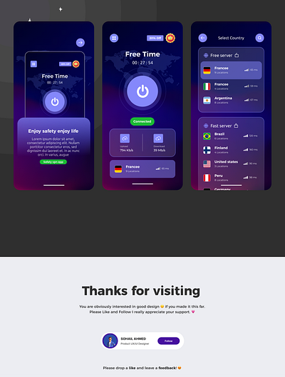 Moblile Vpn App Design app app design figma ui ux uxui vpnn app