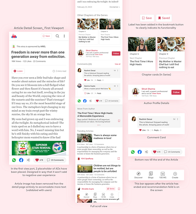 Article Details screen for Momspresso ads articles author comment content digital ig instagram minimal news product design relationships socialmedia uiux