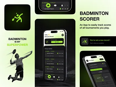 Badminton Scorer App Concept athletic badminton badminton app cricket fitness football gym health mobile ui neon scorer app scoring sport app sports sports app tennis training workout