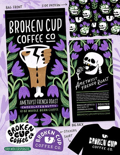 Broken Cup Coffee Co. branding cafe coffee coffee roasting coffee shop illustration lettering packaging skull