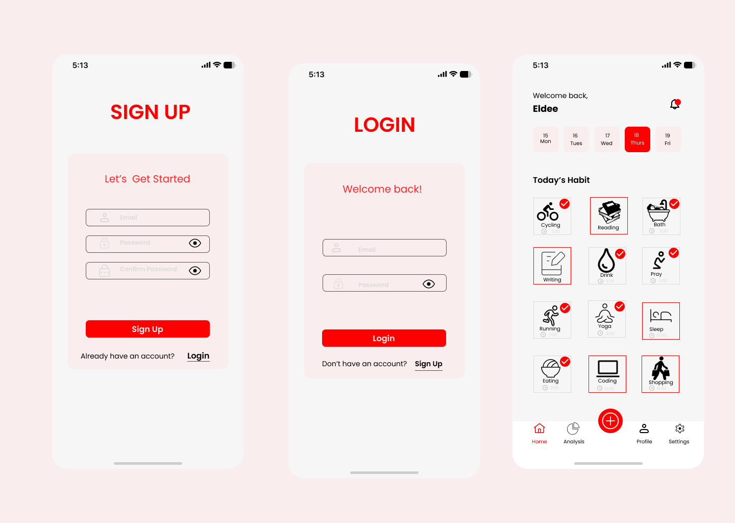 Activity reminder mobile app UI. Login, Signup & Home Screen graphic design login signup ui
