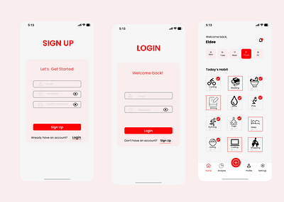 Activity reminder mobile app UI. Login, Signup & Home Screen graphic design login signup ui