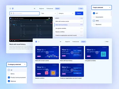 Product video library resources webpage UI/UX branding marketing media library product marketing product user guide product video tutorials resources webpage sorting uiux user interface video catalog video content page web design