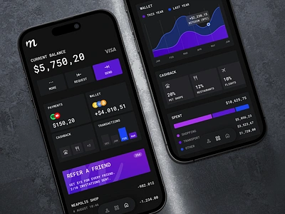 Wallet. Mobile app balance bonus business card cashback charts concept crypto dark gradient logo menu mobile app mono payments statistics transactions transfer typography wallet