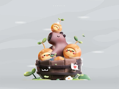 Capybara and her orange friends ✨🍊 3d 3d art animation capybara character charming colors design fruit illustration kawai kawaii kawaii 3d oranges plants shower ui