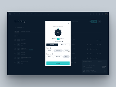 LANDR Mastering & Library audio files folders landr library mastering music player ui ux