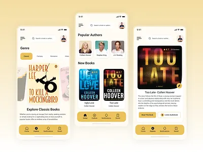 Online Reading & Audiobook Mobile App UI Design audiobook authors app book design edtech figma glassmorphism interaction design mobile app reading ui uiux user interface design ux