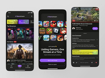 Gemstream - Gaming Streaming Platform broadcast comment game game mobile game streamer game streaming live live streaming mobile online streaming professional gaming pubg stream streaming tournament twitch ui ui design ux video streaming