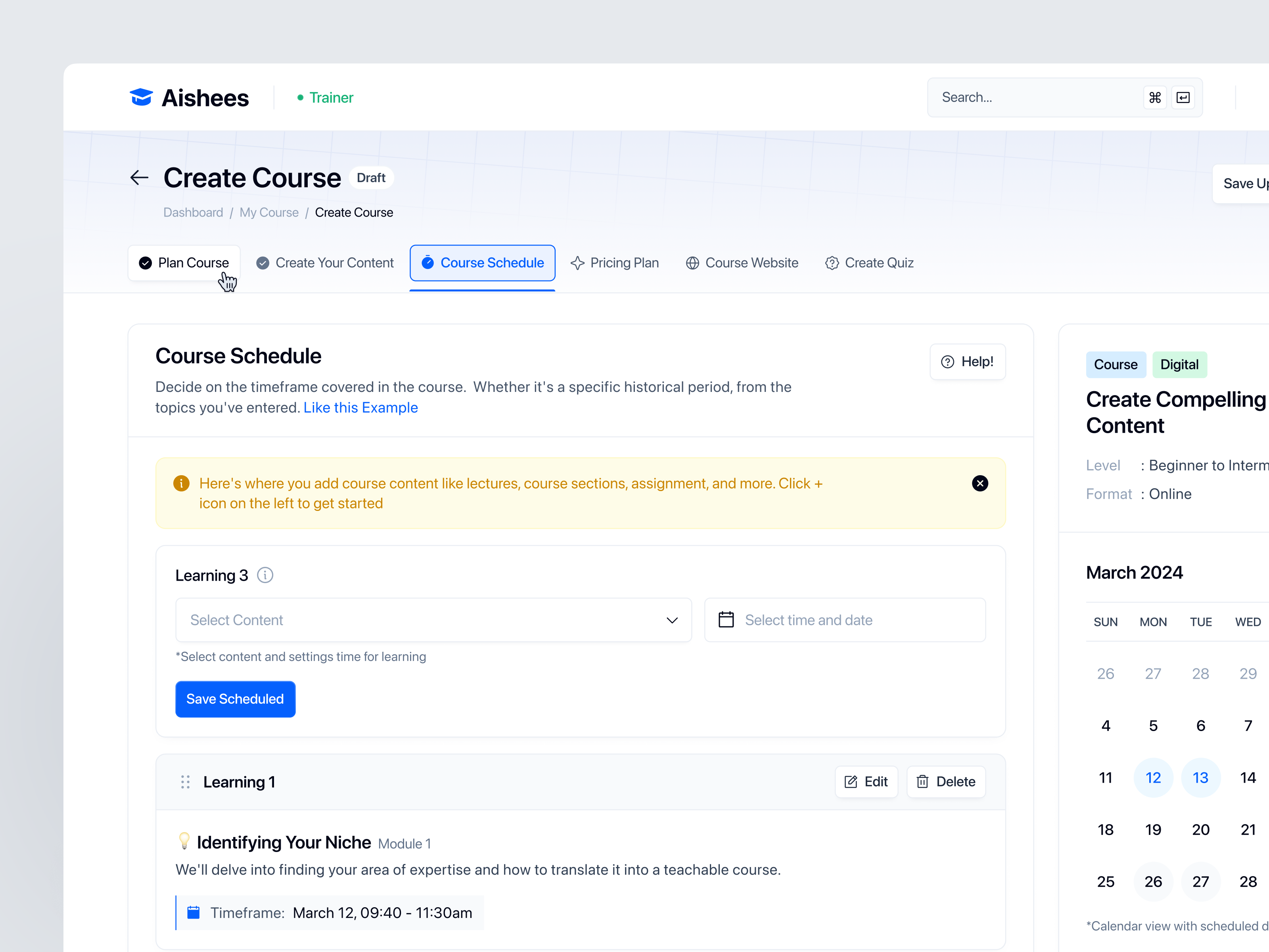 Create New Course / Setup Schedule - Online Course Platform add course course course platform create course new course online course schedule course web web app web design