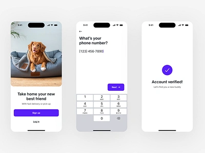 Pup Pup 3d animation app branding clean design dog graphic design illustration interface ios logo minimal mobile app motion graphics purple ui user interface ux white