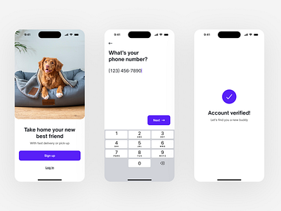 Pup Pup 3d animation app branding clean design dog graphic design illustration interface ios logo minimal mobile app motion graphics purple ui user interface ux white