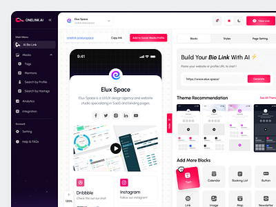 Onelink.AI - AI Bio Link Dashboard ai bio generator ai bio link bio bio landing page biosite branding page business bio dashboard digital portfolio link link generator lnk.bio online presence product profile link saas shortener link social media bio url zaap.bio