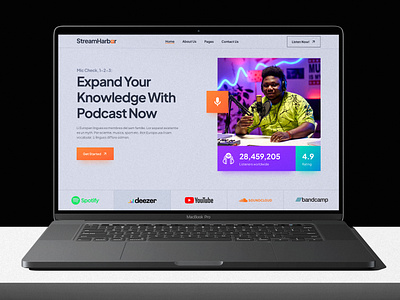 Podcast Audio Streaming Website - StreamHarbor audio creative design dialog documentation figma gradient graphic design landing page music play podcast streaming talks ui uiux user interface ux web design website