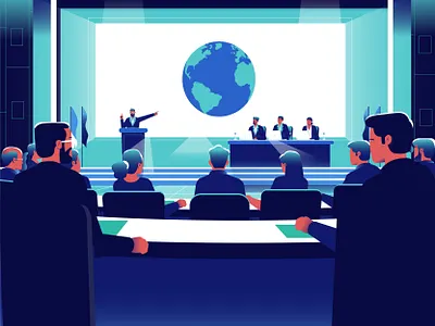 2D Fintech Animation Video Example 2d animation character animation conference design explainer video globe illustration meeting people styleframe