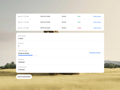 Billing & Dashboard - Postpace.io app billing card clean components dashboard float modal payment rebound saas ui vision pro webdesign