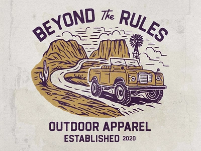 Beyond the Rules Outdoor Apparel 4x4 angonmangsa badges branding cactus car desert design graphic design graphicdesign hand drawn illustration lockup logo merch offroad oldschool outdoor vintage wild