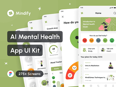 Mindify - AI Mental Health App UI Kit ai ai chatbot app app design application design design system interface meditation mental health mindfulness mobile mood tracker portfolio sleep sounds template ui ui design ui kit uiux