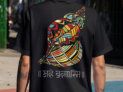 Bohemian Style Shell Graphics with Aham Brahmasmi Text. design graphic design illustration t shirt design t shirt graphics vector
