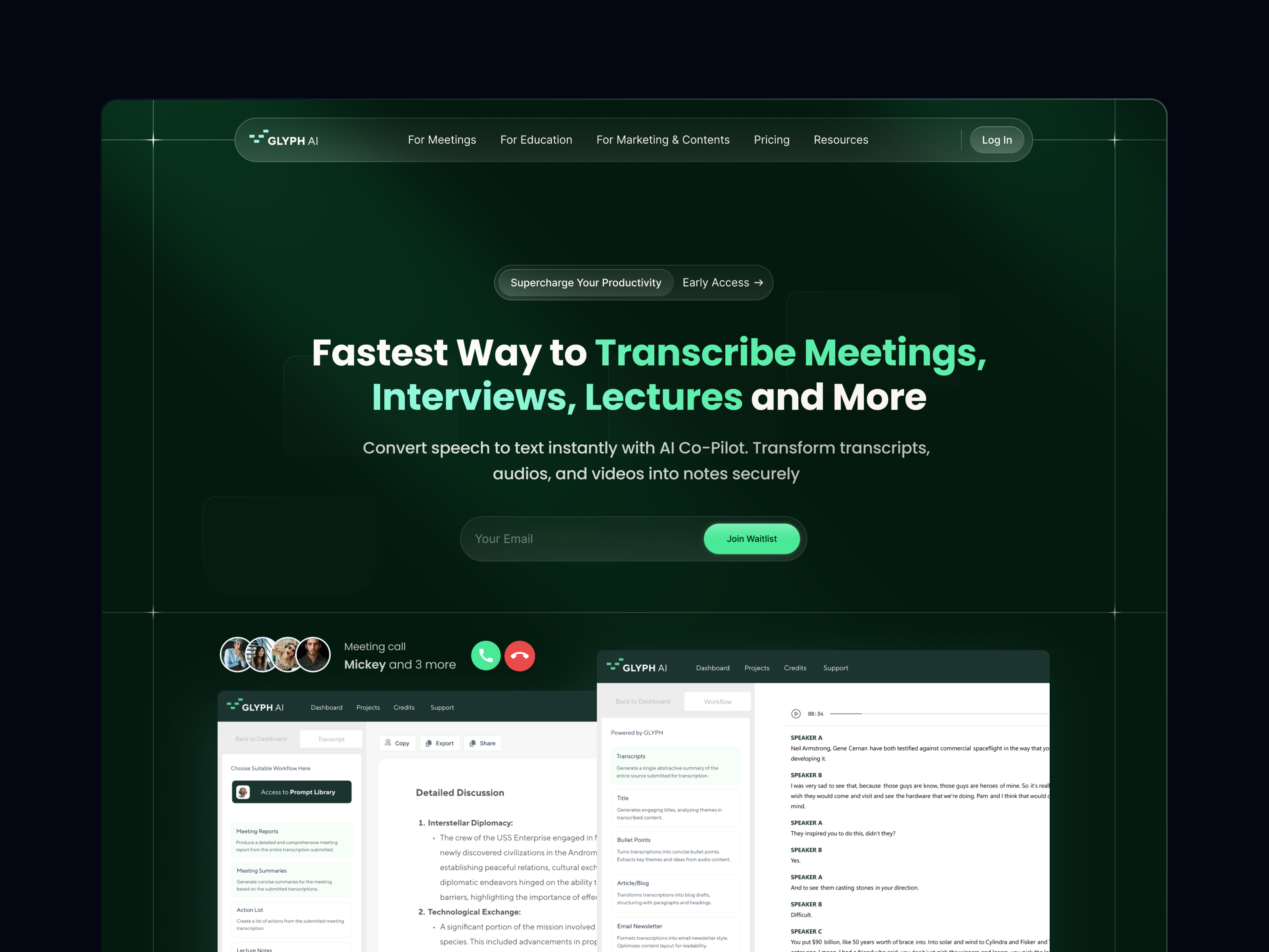 Landing page redesign for AI: automatically transcribe meetings