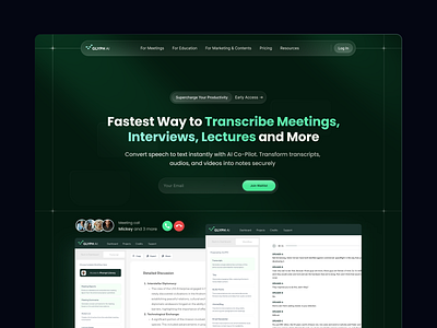 Landing page redesign for AI: automatically transcribe meetings conversion design hero landing modern trend ui ux
