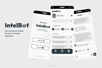 IntelBot ai chat chatbot genai mobileapp monochrome ui uiux user experience ux