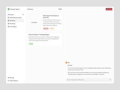 AI Workspace for writing ai ai app ai assistant artificial inteligence chat chatbot clean creating dashboard doc minimal minimalistic ui ux web app worksapce writing