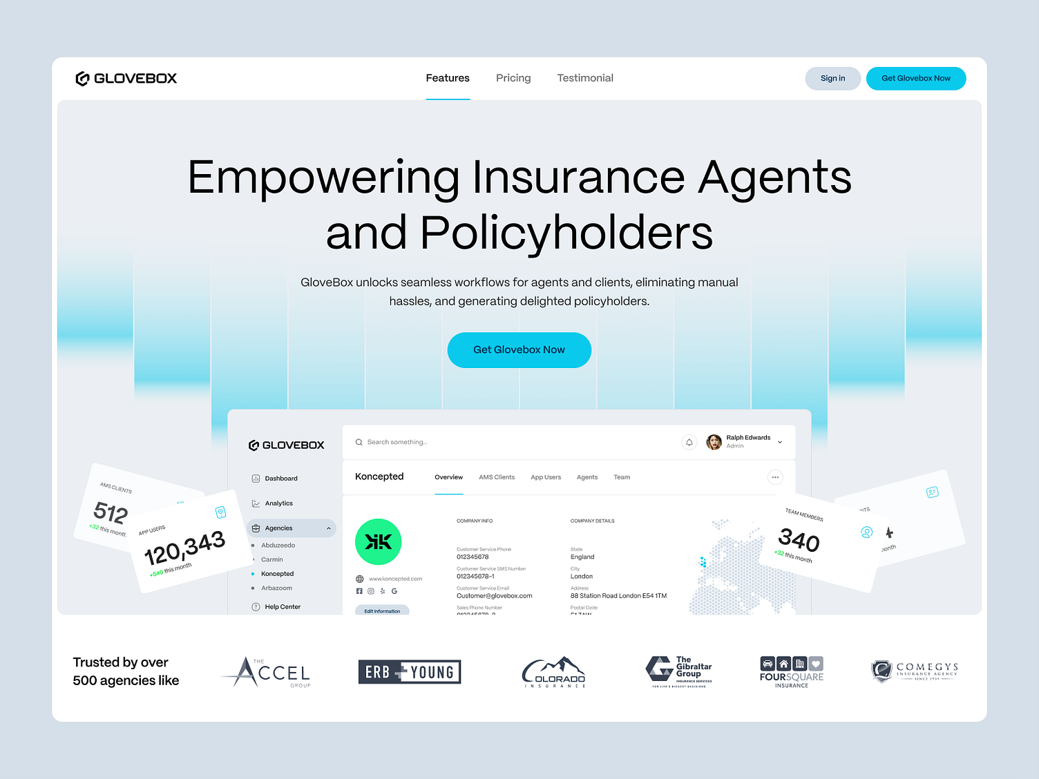 Glovebox insurance management platform and dashboard design by