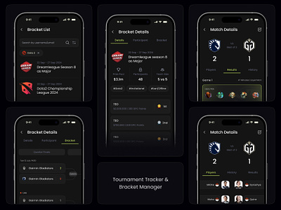 Esports Tournament Tracker Flow app bracket concept dota2 esport figma ui kit gamers gaming ios match minimal mobile game streamers streaming tournament tracker ui uikit ux website