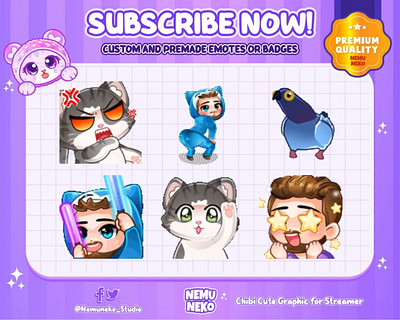 ✨Custom Chibi Emotes✨ animation bird cat chibi emotes commission open concept art cute emotes design digital artwork discord emotes graphic design illustration motion graphics twitch emotes